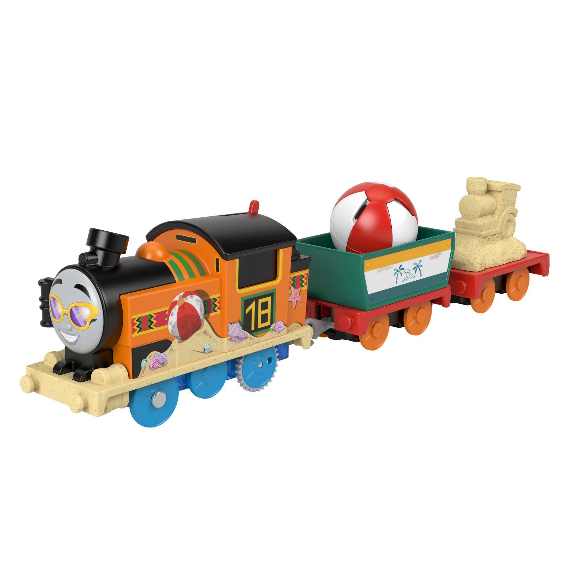 Motorized Toy Train Beachy Nia Battery-Powered Engine with Beach Ball Cargo for Preschool Kids Ages 3+ Years