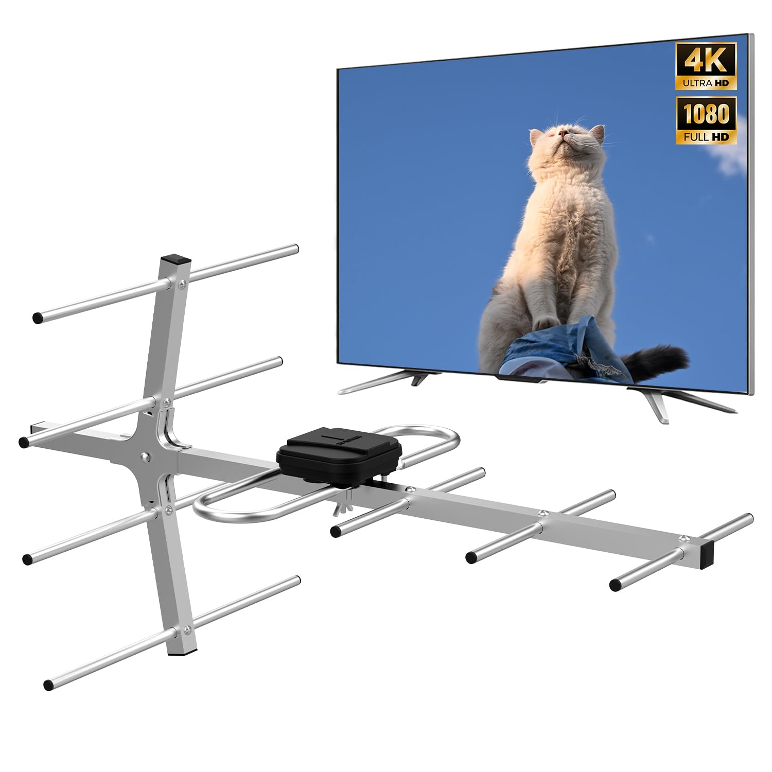 Yagi - Antena de TV HD satelital, antena digital HDTV al aire libre, rotación direccional de 360 grados y recepción de largo alcance, soporta 4K 1080P HD Smart TV VHF UHF