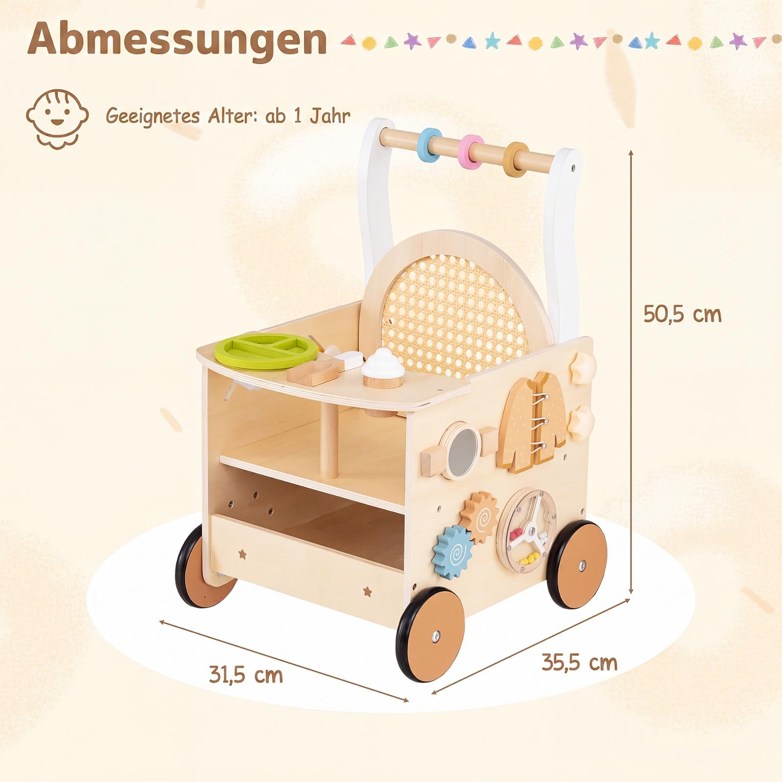 COSTWAY Montessori Baby wózek do nauki chodzenia z drewna, wielofunkcyjny | Baby Walker z wielofunkcyjnym centrum aktywności, zabawka do biegania z kółkami i schowkiem, dla chłopców i dziewczynek od 1