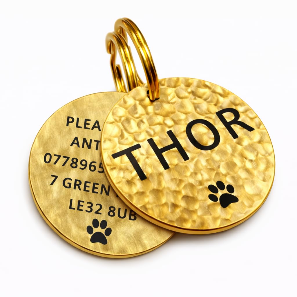 Premium Solid Brass Dog Tags for Pets Engraved UK - Personalized Round Pet ID Tags for Dogs & Cats - Custom Identification Hammered Disc - Deep Engraving (Small - 25mm)