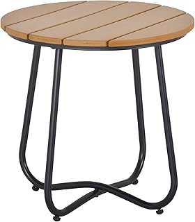 Outsunny Mesa Auxiliar Redonda Mesa de Jardín Exterior con Diseño de Listones y Patas Ajustables Mesa para Exterior Terraza Patio Ø49x48 cm Natural y Negro