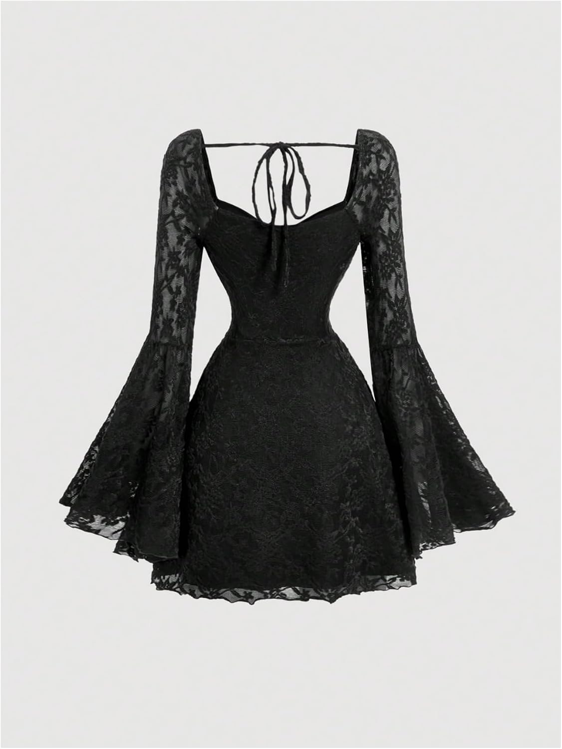 WDIRARA Women's Floral Jacquard Mesh Gothic Dress Bell Long Sleeve A Line Vintage Dresses - Image 4