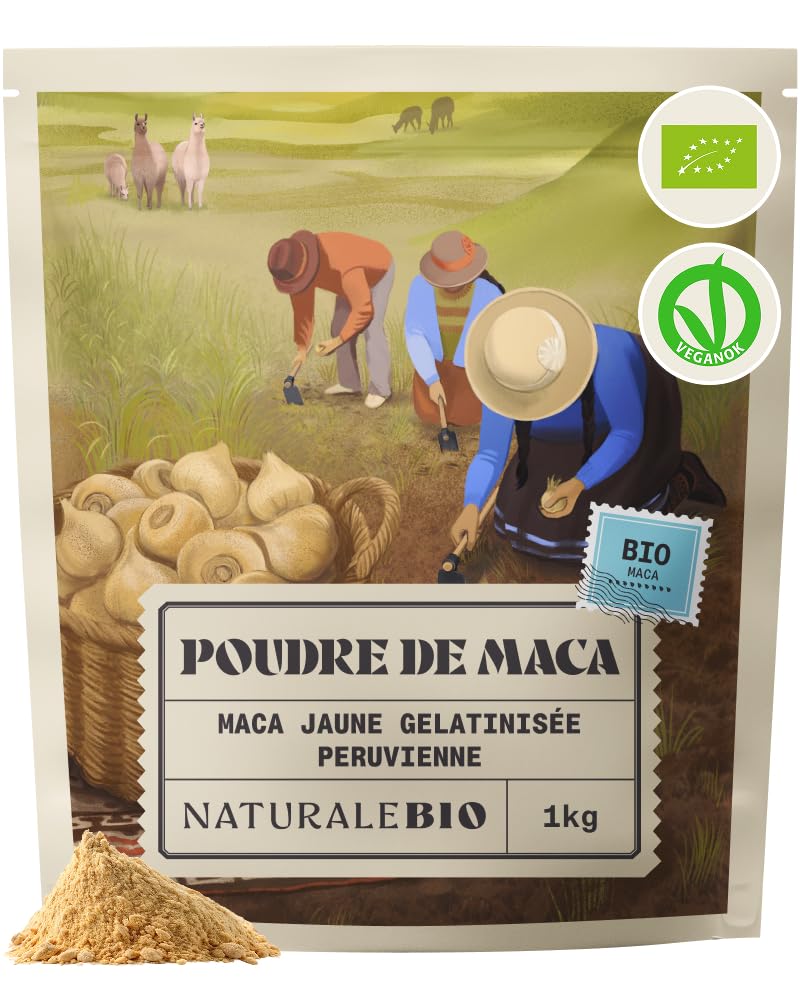 NaturaleBio Maca Bio en Poudre 1kg. Organic Peruvian Yellow Maca Root Powder. Gélatinisée, Naturelle et Pure. Produite au Pérou à partir de Racines Biologiques