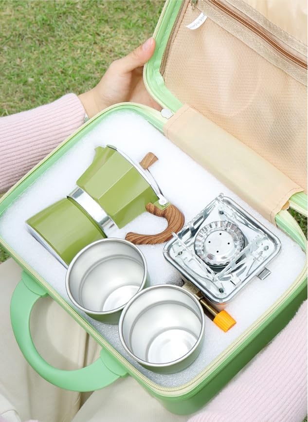 Stove Espresso Mocha Jug 9 Piece Portable Case Bag Hand Brewing Coffee Machine Set for Travel, Camping, Office, Backpacking Travel, Outdoor Party, Wild Fishing (White)