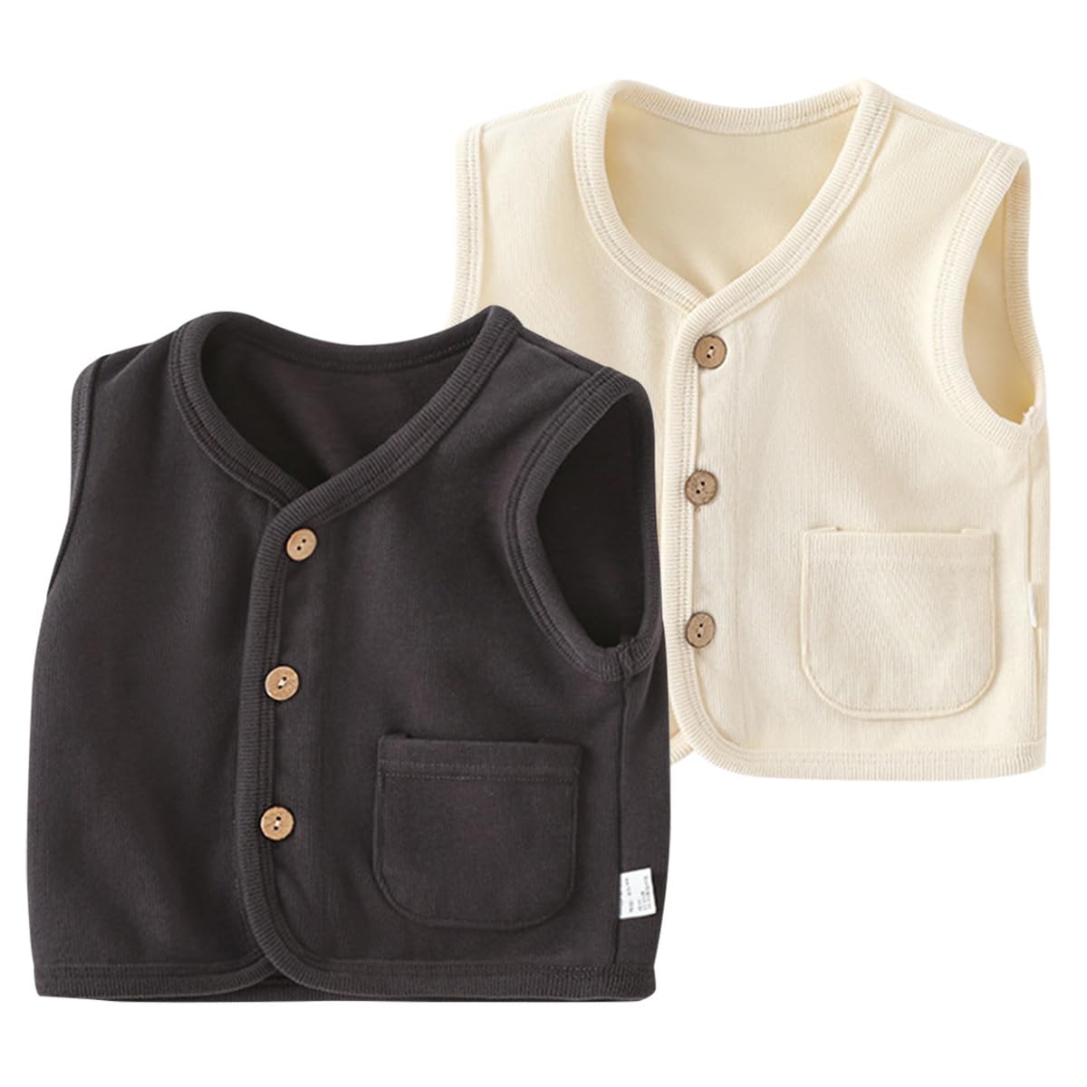 2 Pezzi Gilet Bambino in Cotone, Scollo a V Senza Maniche Tinta Unita Cardigan Bottoni con Tasche, Leggero Morbido e Caldo per Primavera e Autunno 6 Mesi-4 Anni