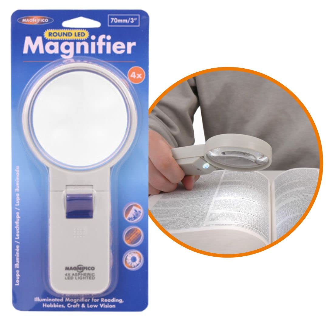 Magnifico Round LED Magnifier Handheld Illuminated Magnifying Glass with 4 Times Aspheric Lens White