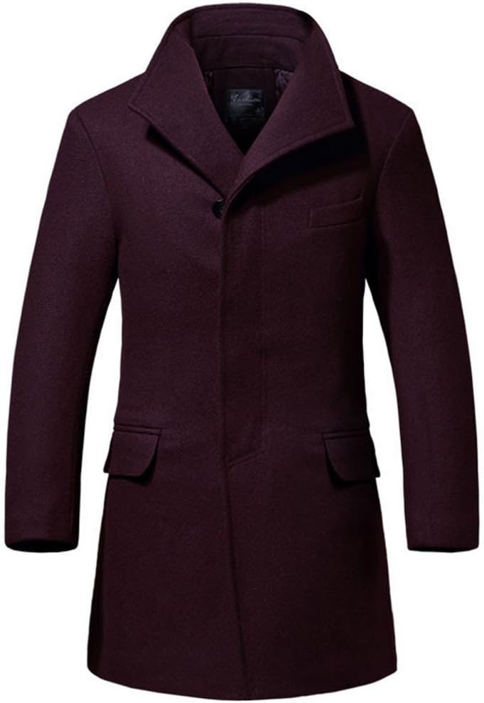 YGT Mens Slim Fit Long Wool Pea Coat Stand Collar Business Trench Coat
