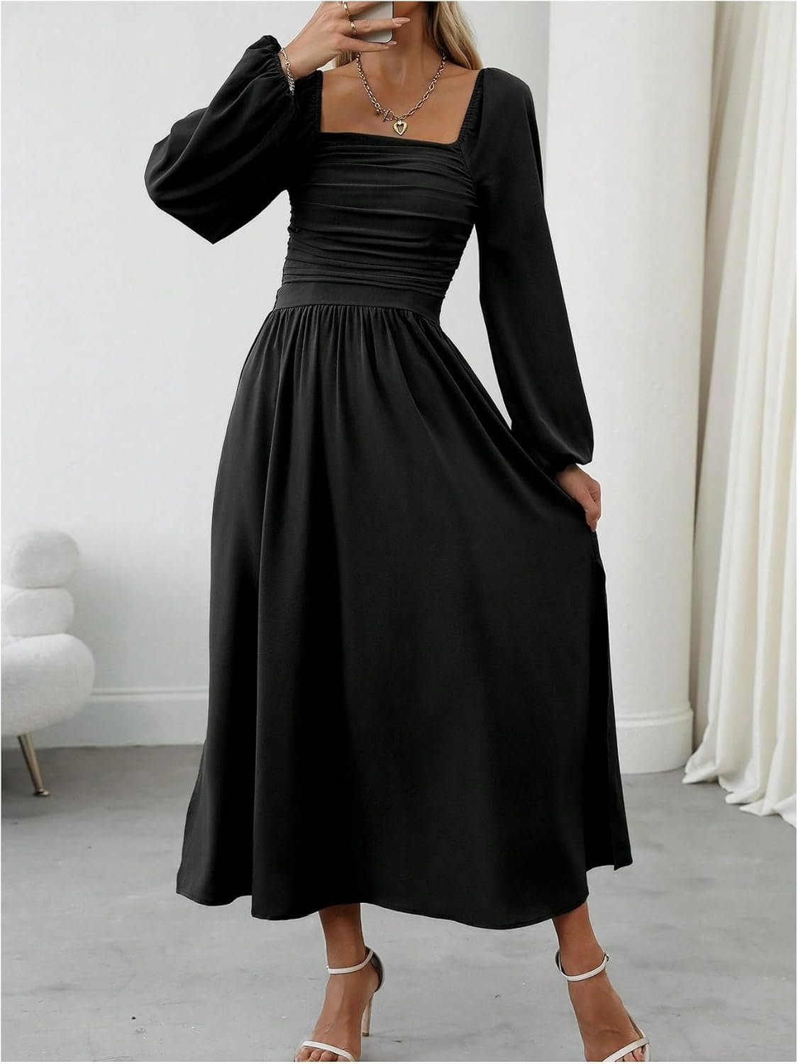 Floerns Women's Square Neck Lantern Long Sleeve Dress Split Ruched Party Midi Dresses - Image 6