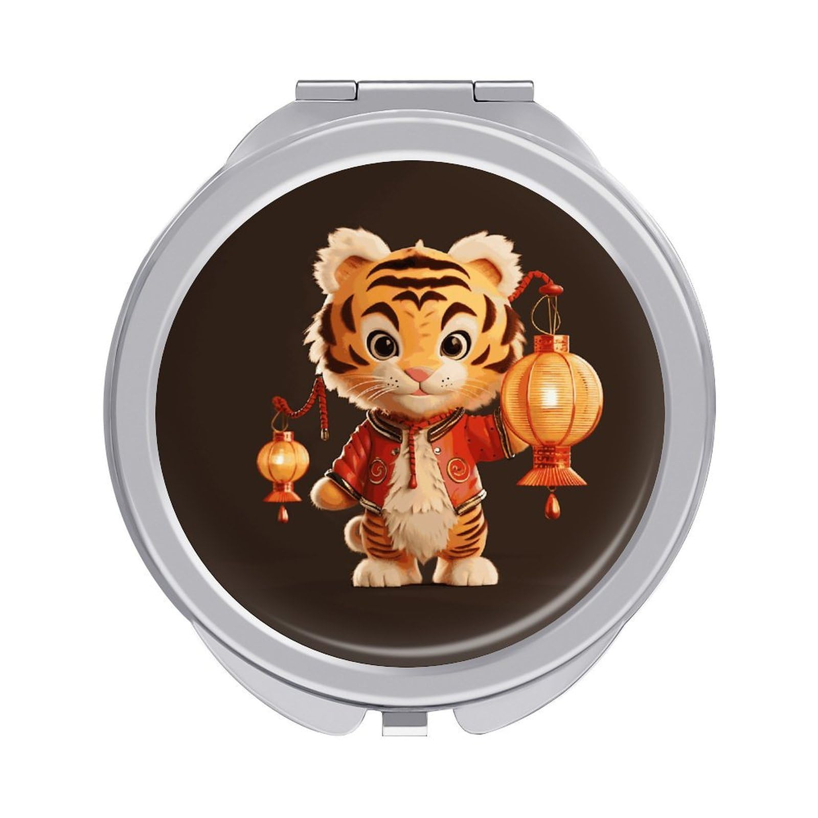VstaDank A Tiger Holding A Lantern Compact Mirror for Purses Round Fashion Travel Makeup Mirror 2X /1x Magnifying Double Sides Mini Mirrors Portable Pocket Mirrors for Handbag Purse Women Gift