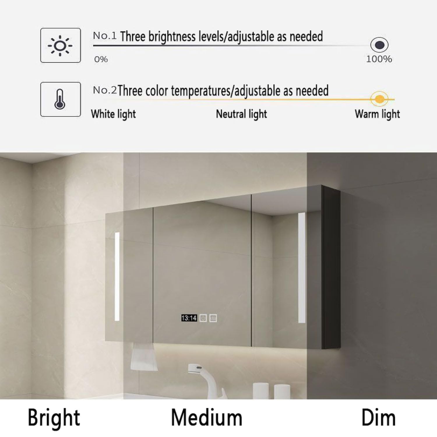 Wandmontierter Smart Badezimmer-Spiegelschrank mit LED-Defogger, stufenloses Dimmen, Lagerzeit und Temperaturanzeige, perfekt für Make-up und Pflege