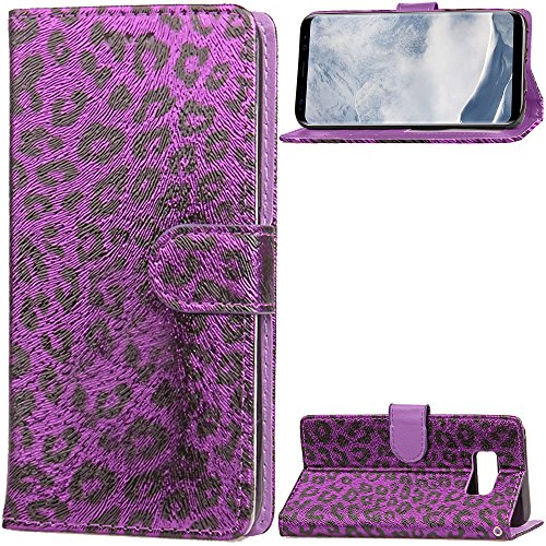 QFUN Leopard Print Wallet Case for Samsung Galaxy S8, Fashion Design Double Magnetic Stand Leather Phone Case Drop Protection Protective Case Bumper Flip Cover and Screen Protector,Purple