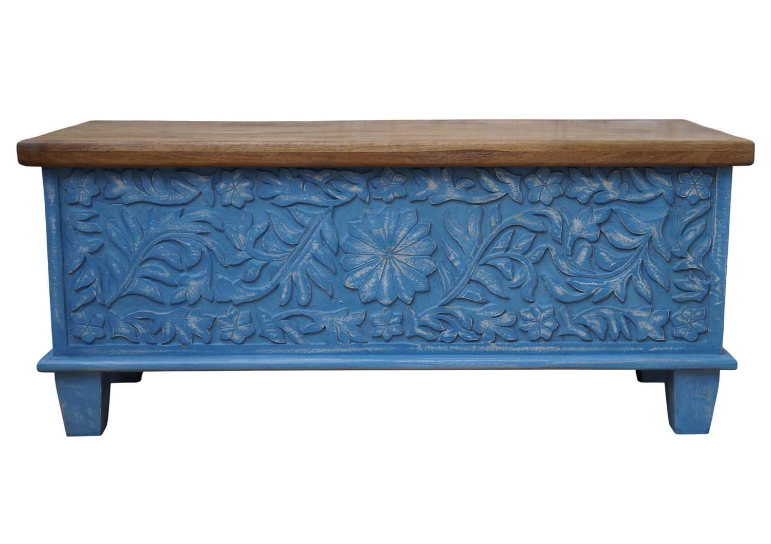 Wooden Carved Trunk, Wooden Carved Storage Trunk, Coffee Table with Storage, Center Table for Livingroom, Deccorative Box, Blanket Box, Storage Box, Floral Carved Design, Blue Distress Finish-image-25