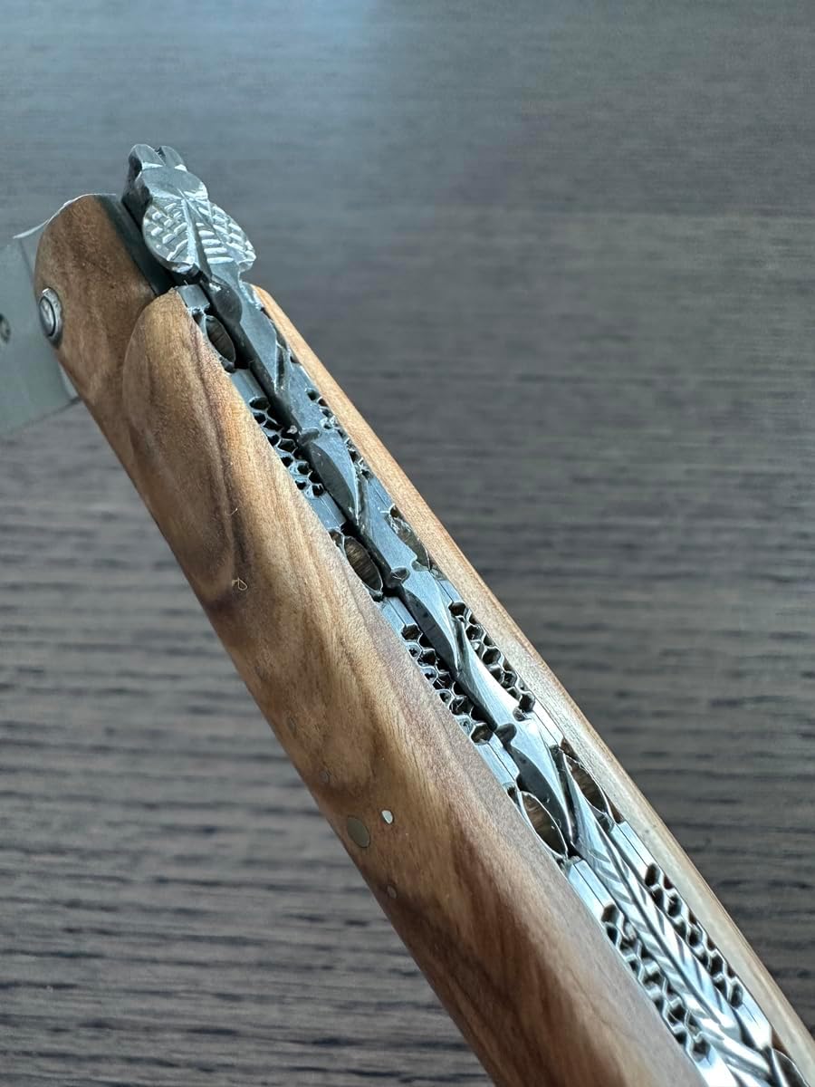 Laguiole en Aubrac Handmade Luxury Folding Pocket Steak Knife, 4.75-in (12cm), With Special Carving On Stainless Steel Plates, Full Olive Wood Handle
