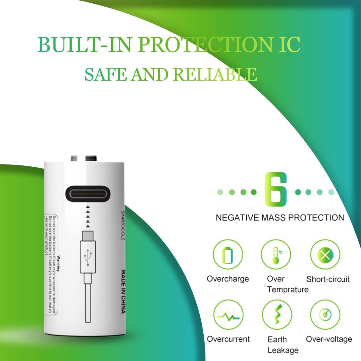 Lankoo 14250 battery with text 'Built-in Protection IC Safe and Reliable' and icons for overcharge, over temperature, short-circuit, overcurrent, earth leakage, over-voltage protezione