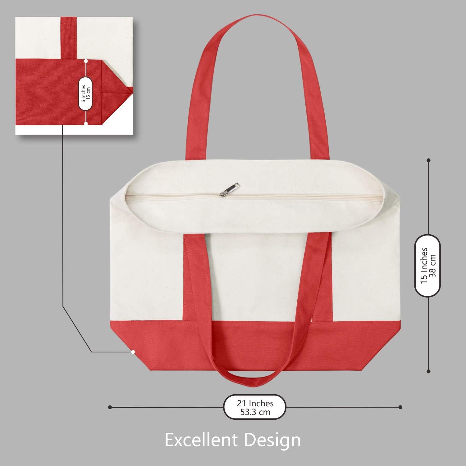 TOPDesign 1-Pack Canvas Tote Bag with an External Pocket, Reusable Grocery Shopping Bag, Top Zipper Closure, Daily Essentials (Red/Natural) - Image 5