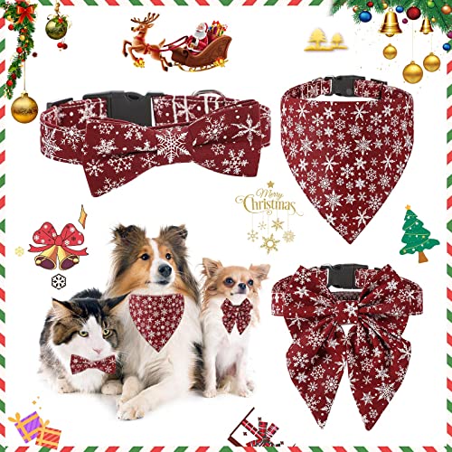 Conjunto de Collar para Perro con Pajarita y pañuelo, Bufanda para Perro clásica con Copo de Nieve,Collares Ajustables con Pajarita,Suministros para Gatos pequeños medianos Grandes Perros Mascotas