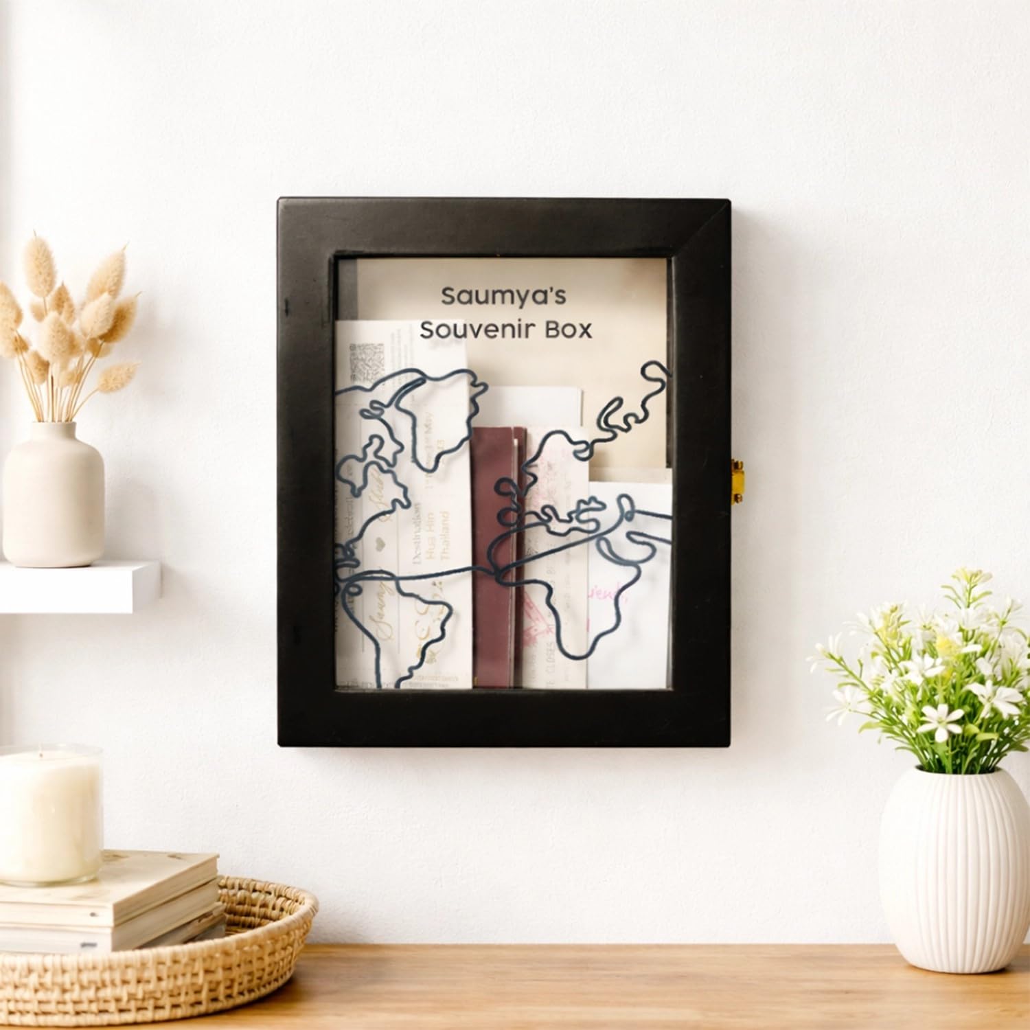 CONFETTI GIFTS Black Wooden Travel Memory Box, Wall Hanging Wooden