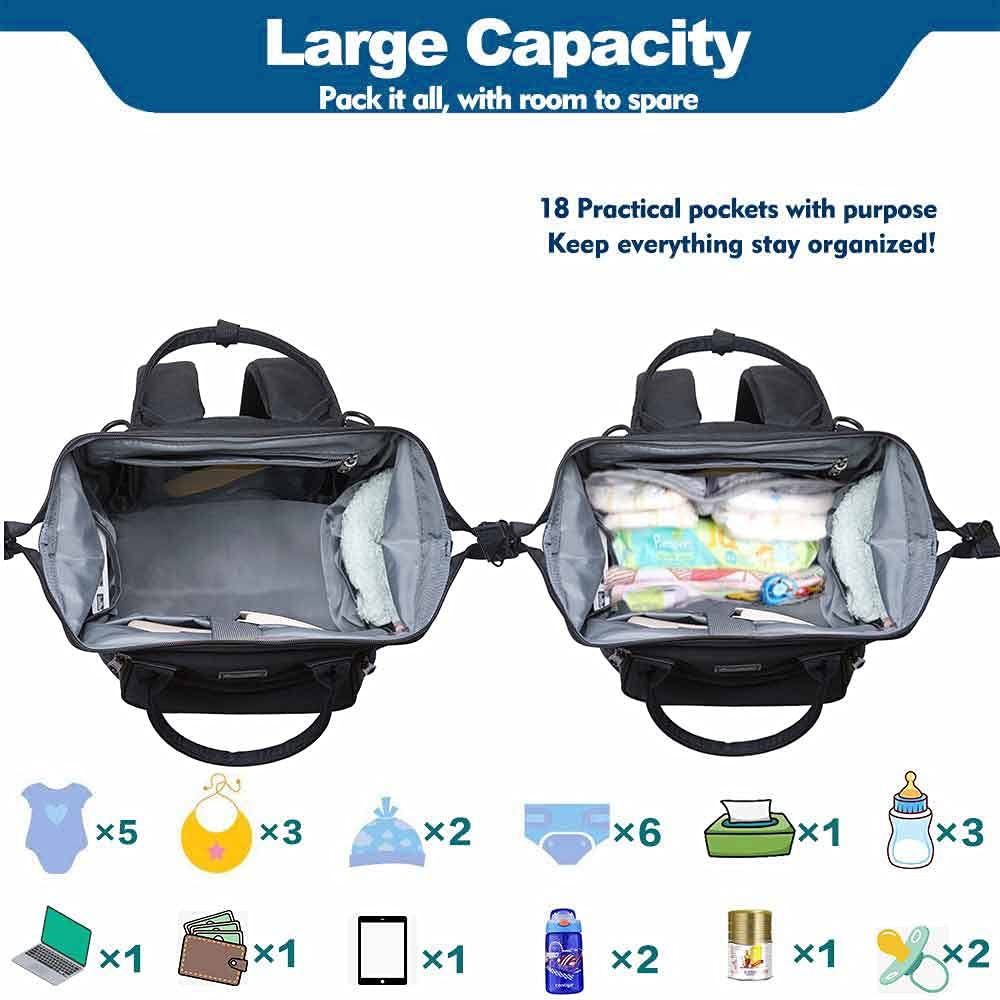 KAUKKO Bolsa de pañales para bebé con gancho de cochecito multifunción de nailon de gran capacidad, mochila de viaje para viajes con muchos compartimentos