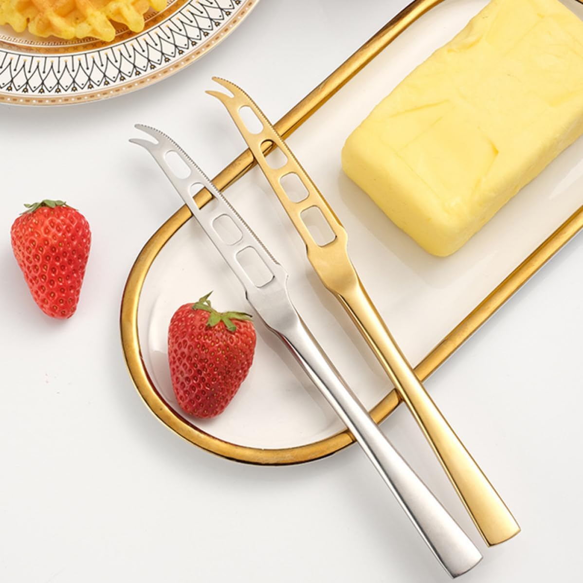 Stainless Steel Cheese Cutter and Butter Knife with Smooth Surface and Easy to Cut Food Feature, for Baking Supply and Restaurant Use, Golden Kitchen Gadget for Cake and Food