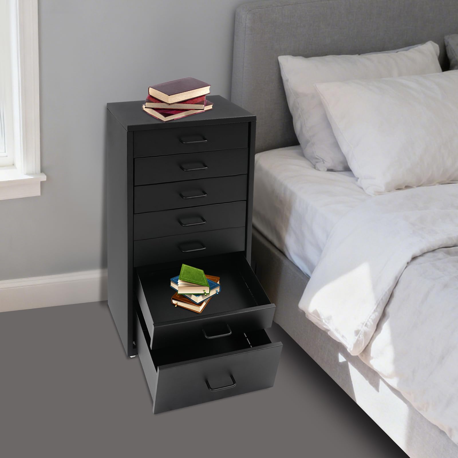 Cassettiera con 7 cassetti, comodino, per ufficio, ufficio, studio, 35 x 26 x 69 cm, colore: nero