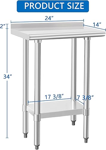 Miniatura 2 de HARDURA Mesa de trabajo comercial de acero inoxidable, mesa de trabajo de preparación, mesa de metal de 14 x 24 pulgadas con estante inferior y
