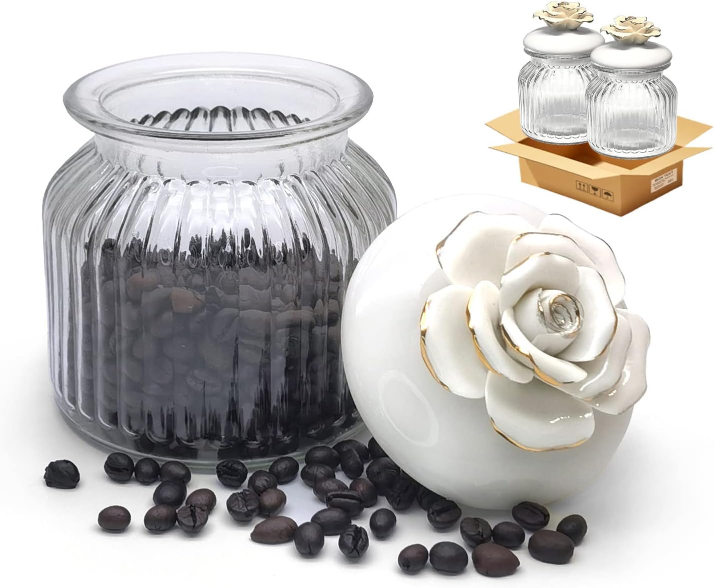 HomeyHoney Glass Jars with Airtight Ceramic Lids, Handcrafted Porcelain Rose, Glass Food Storage Canister for Kitchen, Decorative Jars for Coffee Tea Sugar Candy, White Rose, 1 Pack