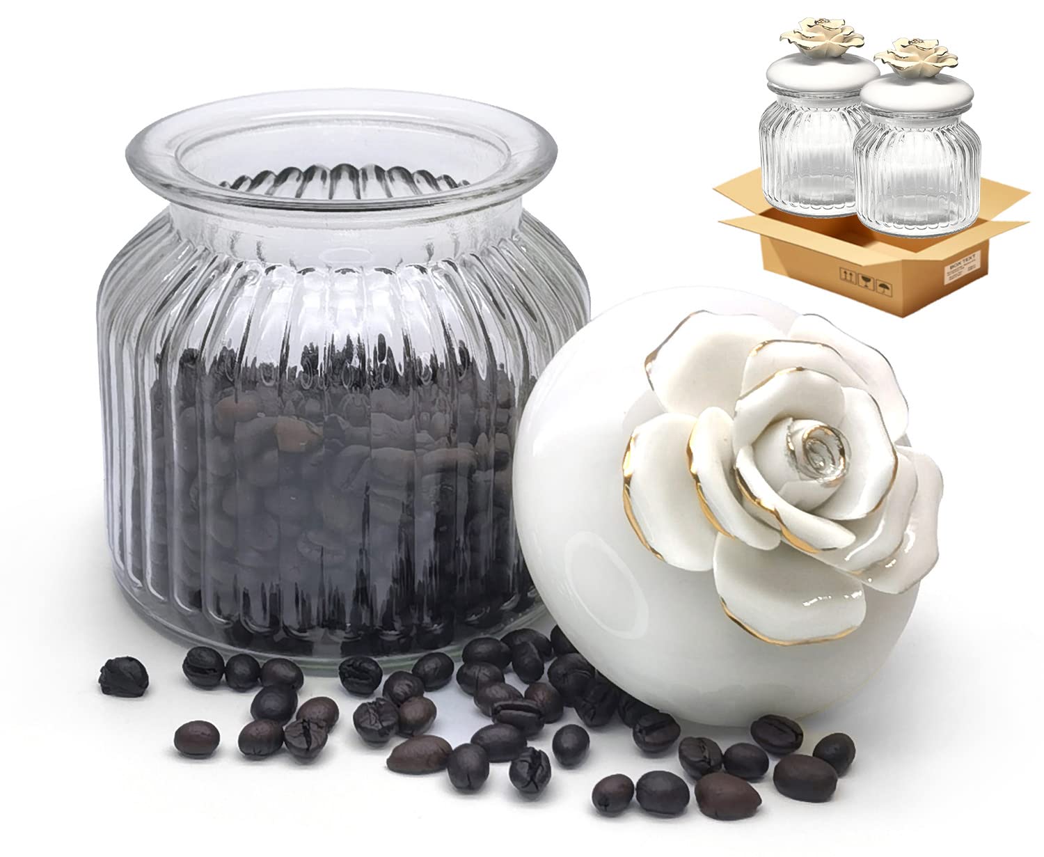 HomeyHoney Glass Jars with Airtight Ceramic Lids, Handcrafted Porcelain Rose, Glass Food Storage Canister for Kitchen, Decorative Jars for Coffee Tea Sugar Candy, White Rose, 1 Pack