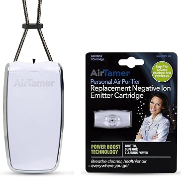AirTamer A320W Rechargeable Personal Air Purifier with Replacement Negative Ion Emitter Cartridge and Leather Travel Case White