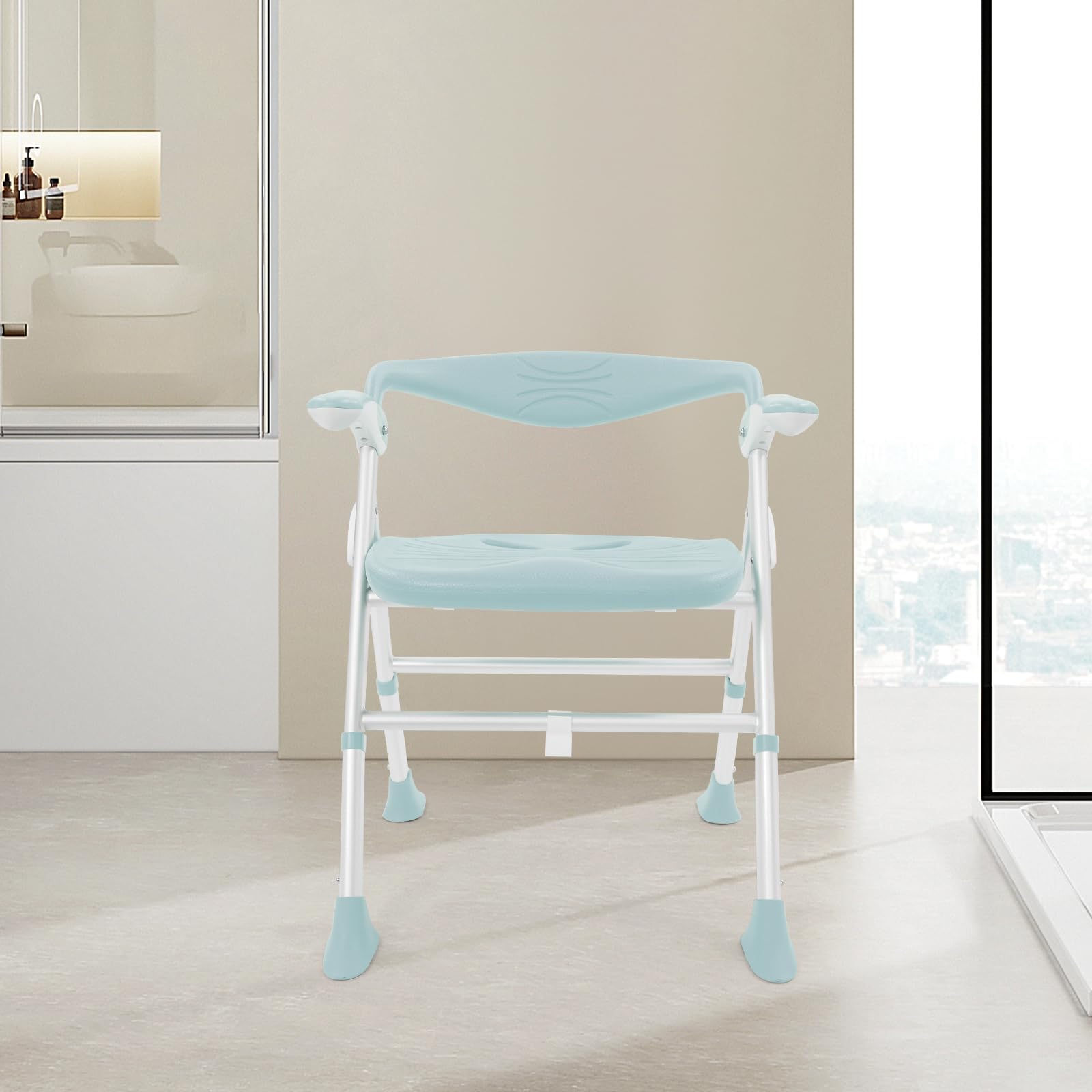 Sedia da doccia per anziani, pieghevole in alluminio T5, con schienale, regolabile in altezza, portata fino a 180 kg, per interni, anziani e disabili (verde)