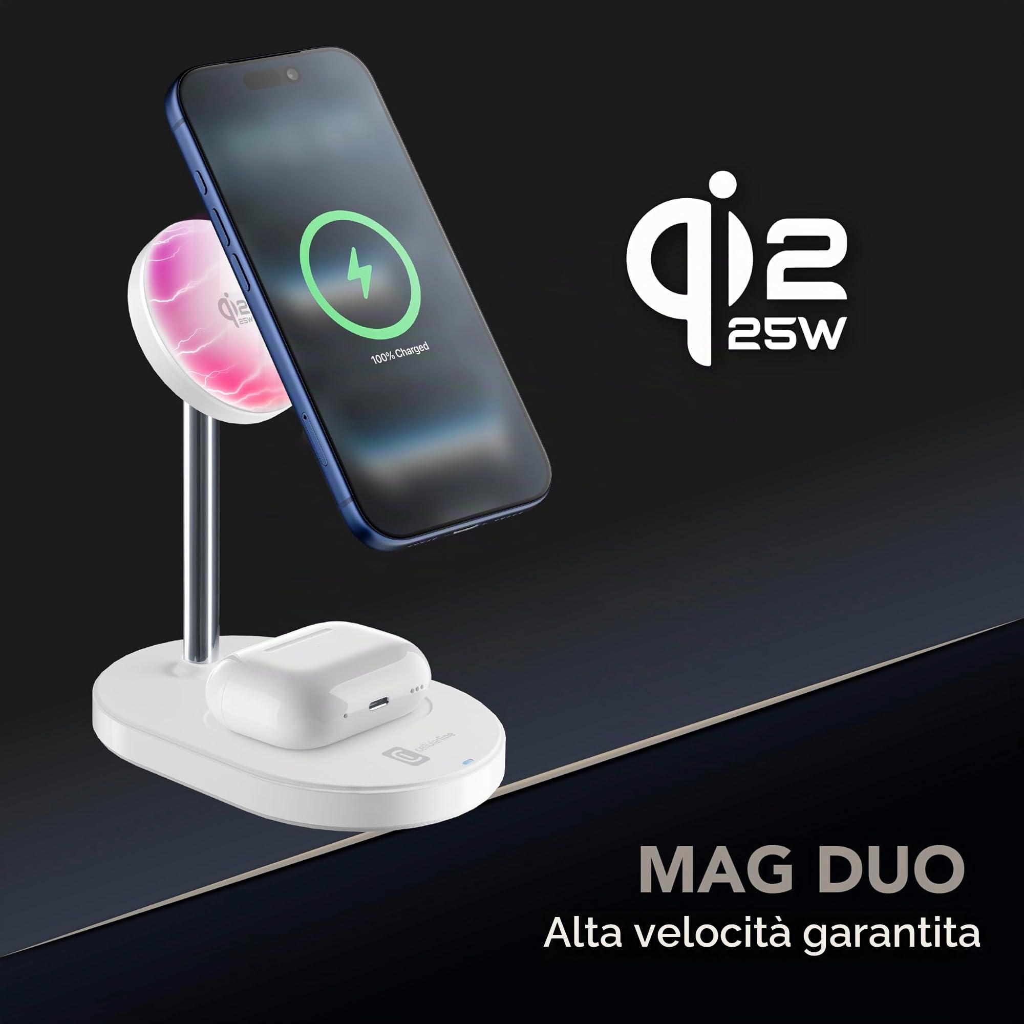 Cellularline MAG DUO Caricatore Wireless Magnetico - Stazione di Ricarca 25W 2 IN 1 - Certificata con Tecnologia Qi2.2 - Cavo USB-C 150 cm inclusi – Bianco