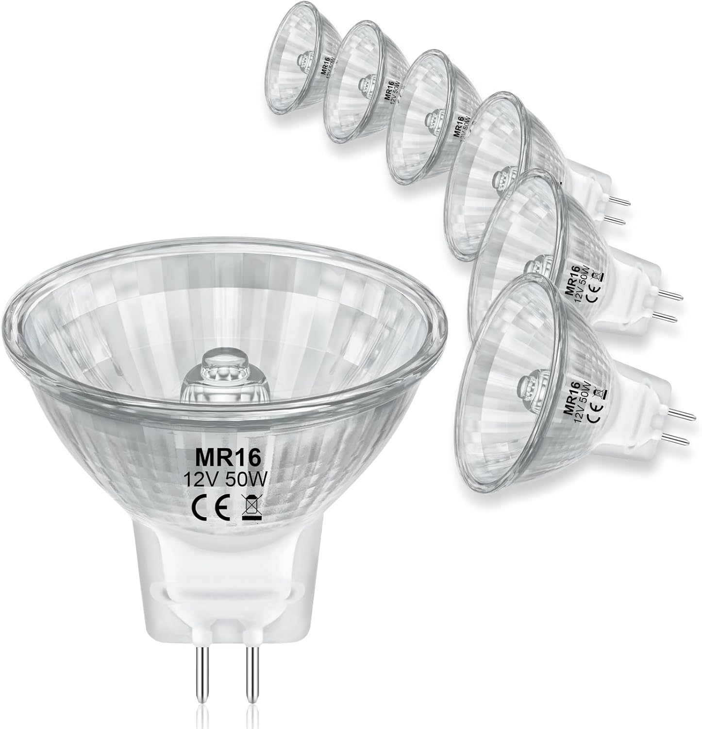 MR16 Halogen Bulb 50W 12V, High Output Halogen Light Bulbs 2 Pin GU5.3 Base with Clear Glass Cover for Landscape Lights, Track Lights, Fiber Optics, Desk Lamps, Dimmable, 2700K Warm White, 6 Pack