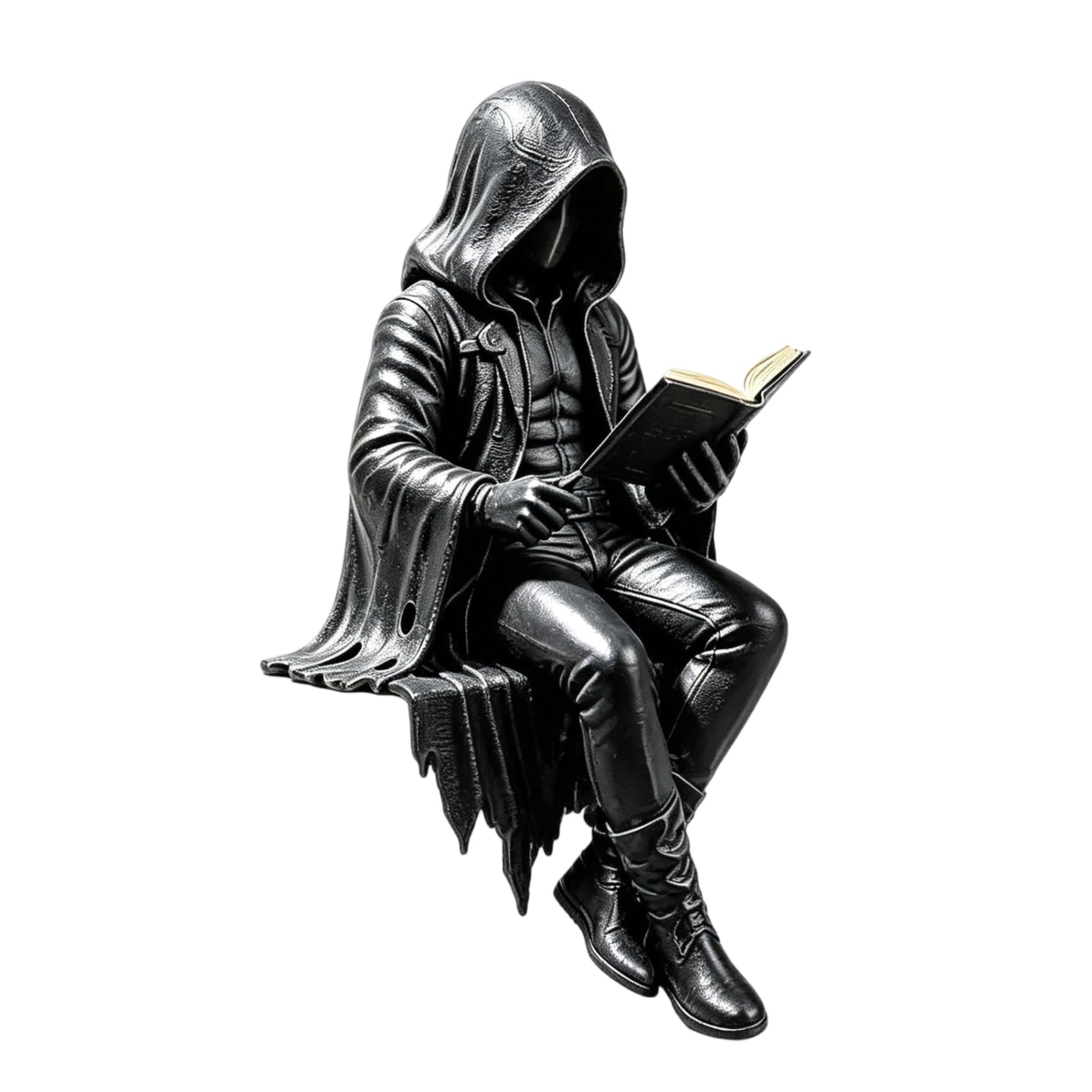 Porceosy Grim Reaper Figurine, Gothic Dark Fantasy Skeleton Statue for Bookshelf Decor, 18cm Resin Sitting Hooded Figure for Halloween Home Ornament A