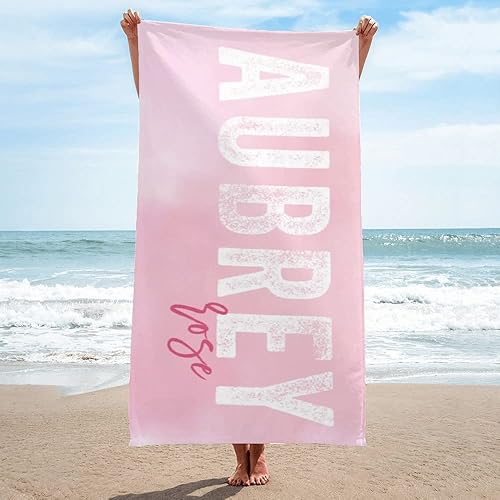 Toalla de playa personalizada con nombre para playa, piscina, diversión de verano, regalos para niños, adultos, parejas (rosa)