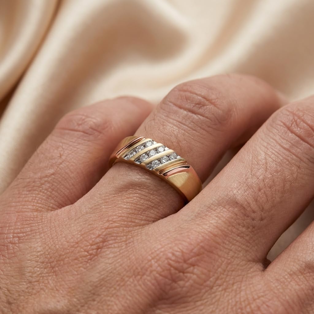 AFFY Men’s Round Cut White Natural Diamond Three-Row Wedding Band in 14K Gold Plated 925 Sterling Silver - Two-Tone Engagement Anniversary Ring Gift for Him (0.10 Cttw, I–J Color, I2–I3 Clarity)