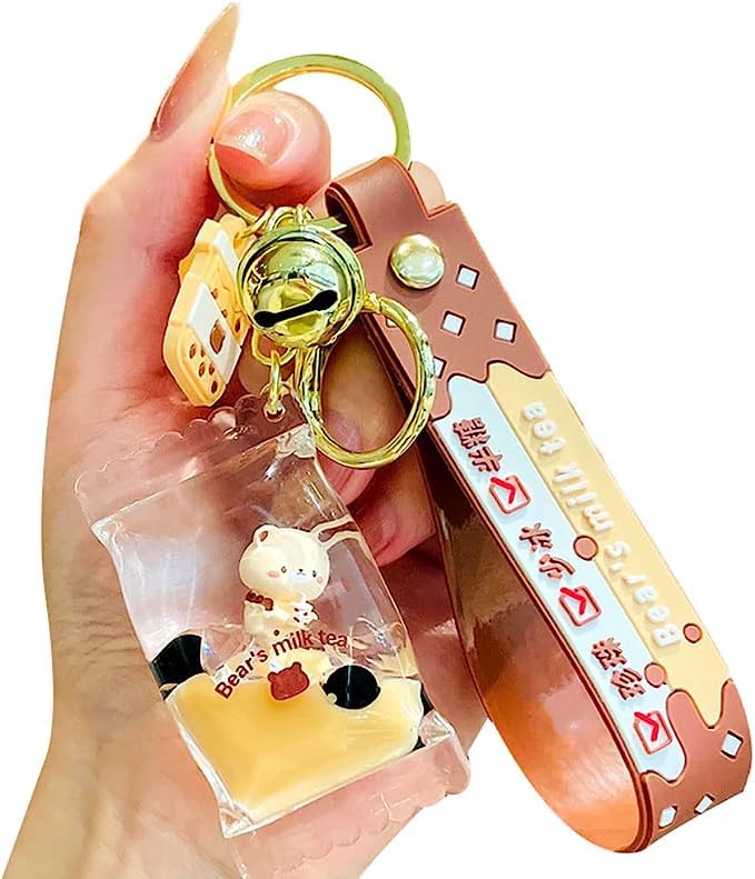 Cute Bubble Tea Keychain With Floating Bear - Liquid Glitter Moving Sand Key Ring | Kawaii Bag Charm For Girls - View #2