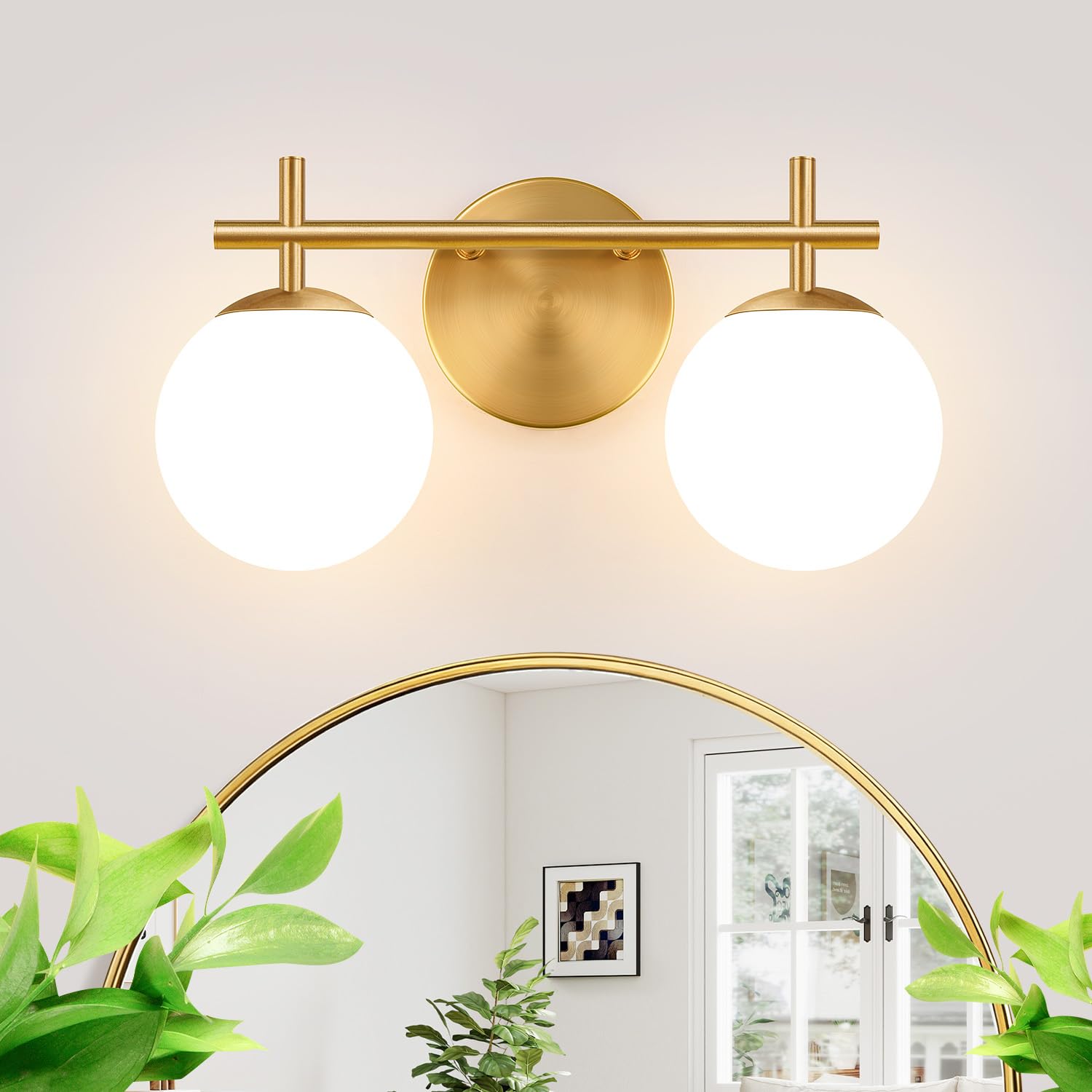 Photo 1 of 3-Light Bathroom Light Fixtures, Brushed Gold Vanity Lights for Bathroom with Milky White Glass Ball Shade, 18.9 inch Bathroom Lighting Fixtures Over Mirror, Wall Sconce for Bedroom(Bulb Not Included)