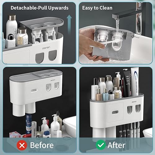 Vista 18 de Soportes para cepillos de dientes montados en la pared, soporte para cepillos de dientes con dispensadores automáticos de pasta de dientes, 6