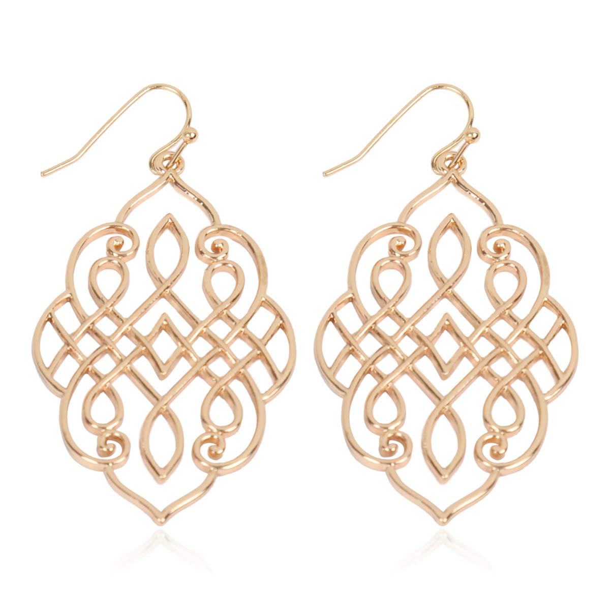 RIAH FASHIONMoroccan Filigree Geometric Drop Earrings - Bohemian Metallic Cutout Hook Lightweight Dangles Flower Petal Leaf/Teardrop/Scallop/Circle/Quatrefoil