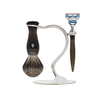 eShave Luxury Shaving Kit for Men, Including Shaving Stand, Fine Badger Shaving Brush and 5 Blade Razor for the Ultimate Shaving Experience brown