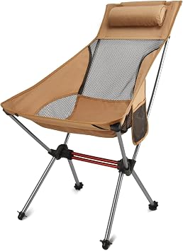 Tentock Folding Camping Chair Ultralight Foldable High Back Camp Chair with headrest, Side Pocket & Carry Bag Heavy Duty for Outdoor,Hiking,Backpacking,Travel Khaki