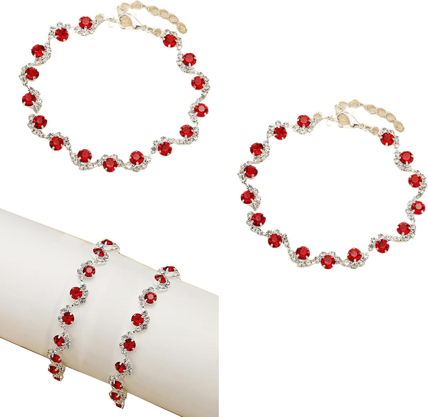 2 exquisite bracelets with red rhinestones, fashionable and cool style jewelry