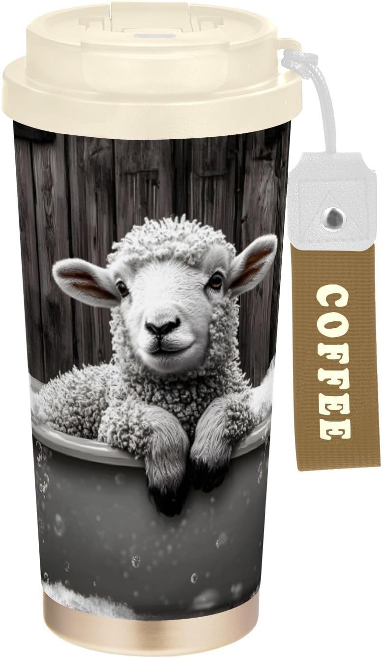 Insulated Coffee Mug Sheepbathtub Retro with Straw & Flip Lid, 16.9oz Iced Tumbler Cup, Double Wall Vacuum Mug for Travel Office Camping