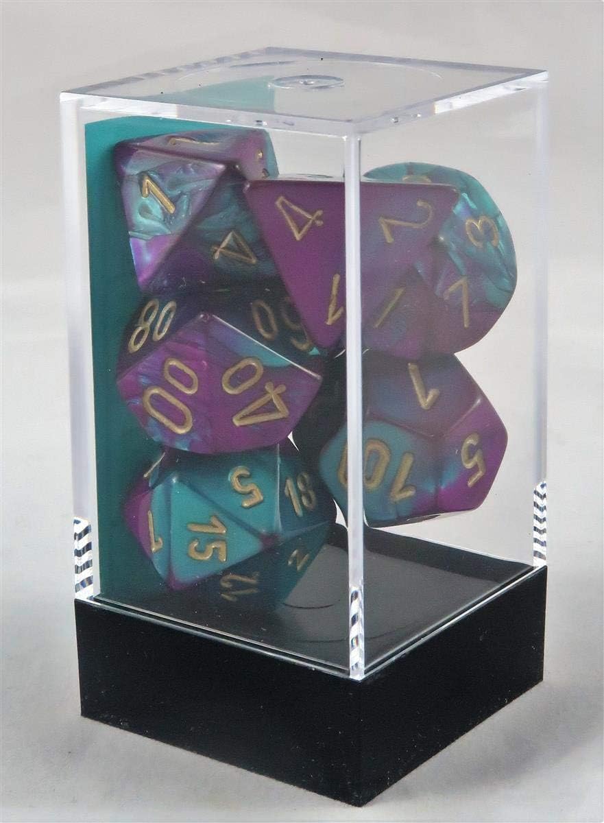 Polyhedral 7-Die Gemini Dice Set: Purple & Teal with Gold (d4, d6, d8, d10, d12, d20 & d00)