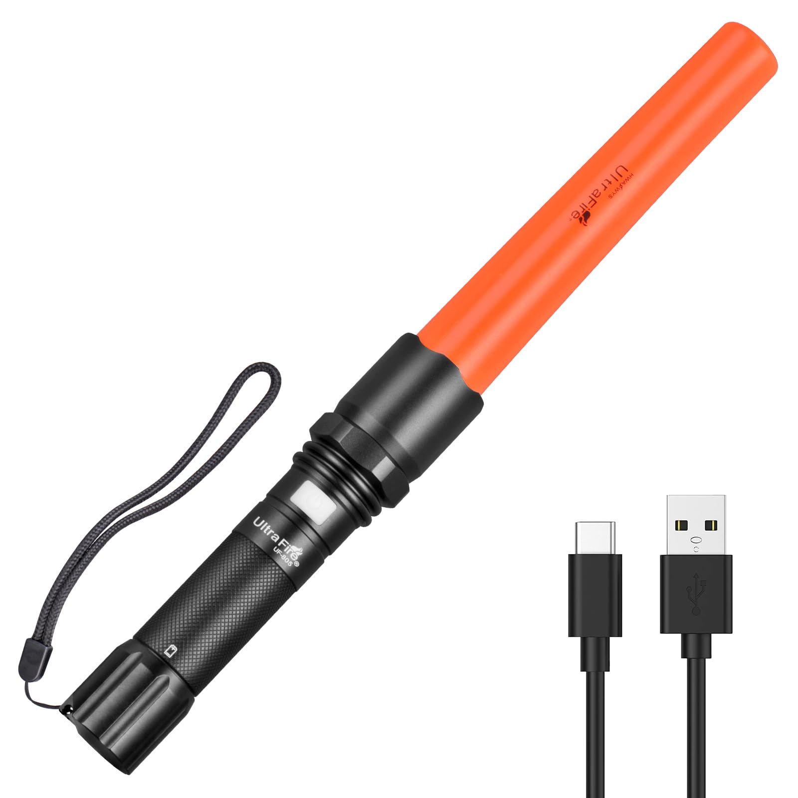 UltraFire Torcia a LED ricaricabile da 12 pollici, 619 lumen, torcia di sicurezza, 3 modalità con lampeggio rosso, USB-C, per il controllo del traffico, aeroporto, vigili del fuoco, parcheggio