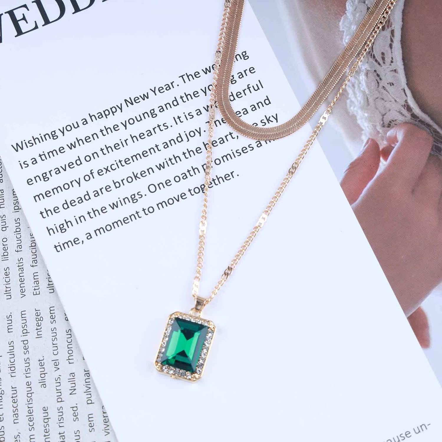 Bohemian Layered Emerald Choker Necklace Emerald Square Pendant Necklace Gold Flat Snake Chain Necklace Green Emerald Herringbone Chain Necklace Jewelry for Women Gifts - Image 4