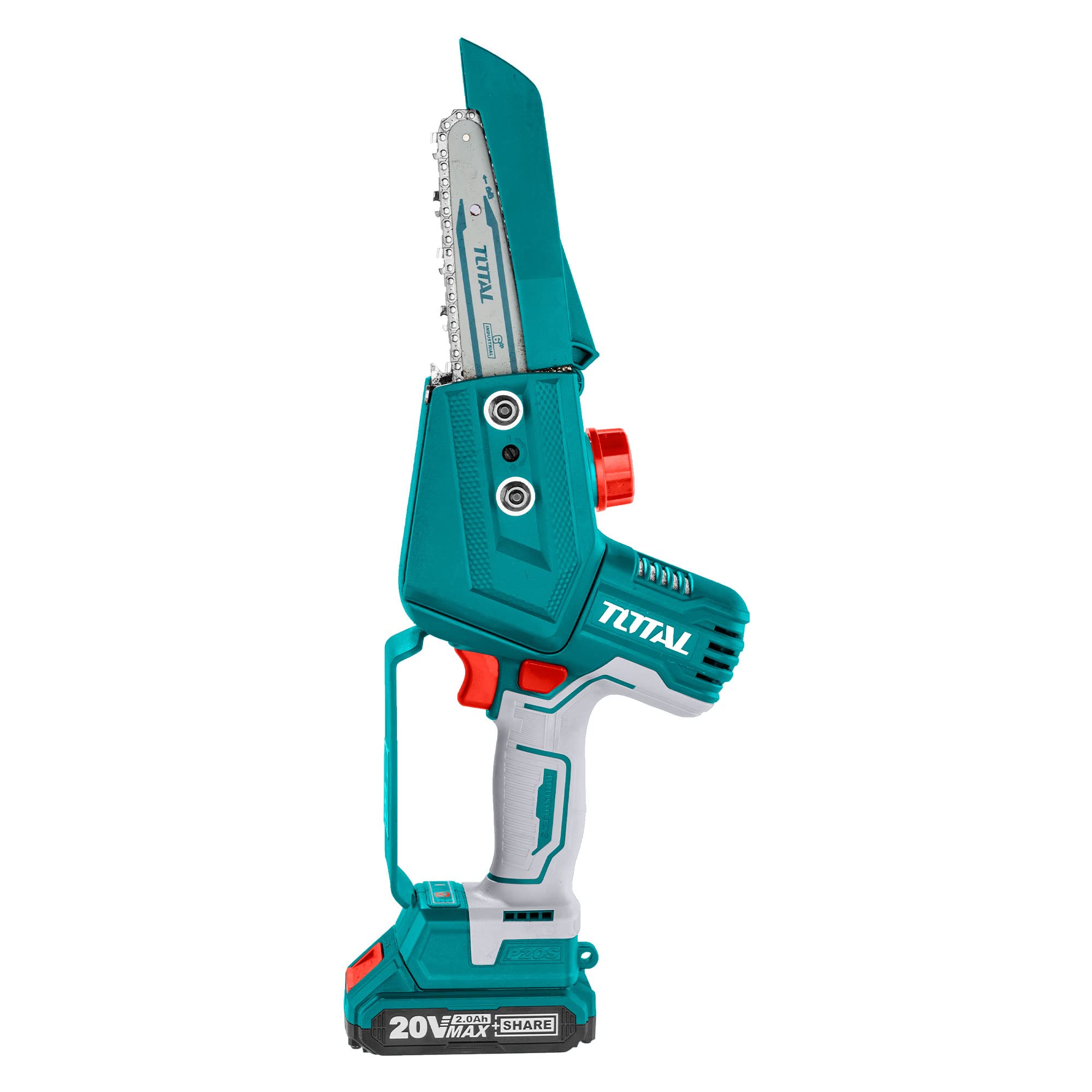 TOTAL - Sierra Mini de Cadena a Batería P20S de 20 V - Motor Brushless - Inalámbrica - Herramienta para Cortar Madera - Para Jardinería - Incluye Espada y Cadena