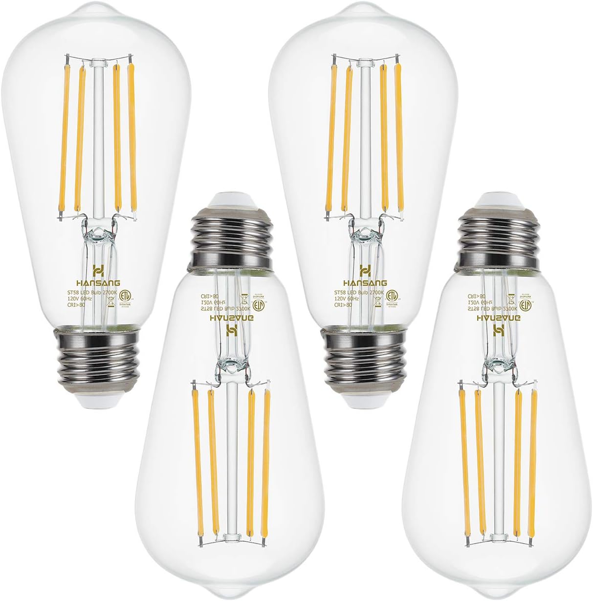 Dimmable LED Edison Bulb E26 Base 60 Watt Equivalent 2700K Warm White Filament Light Bulb 800Lm High CRI Clear Brightness Vintage Bulb for Pendant Lamp 4-Pack