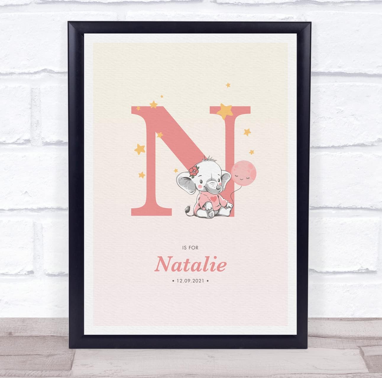 Pink Baby Girl Elephant Initial N Baby Birth Details Nursery Christening Print