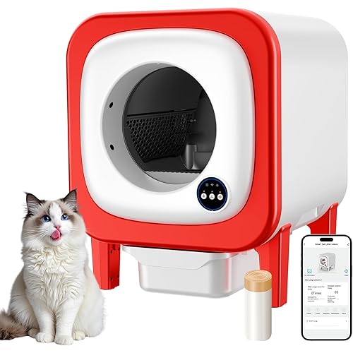 Self Cleaning Litter Box, Extra Large Automatic Cat Litter Box Self Cleaning for Multiple Cats, App Control, Safety Protection, Ultra-Quiet,Includes Trash Bags,Red