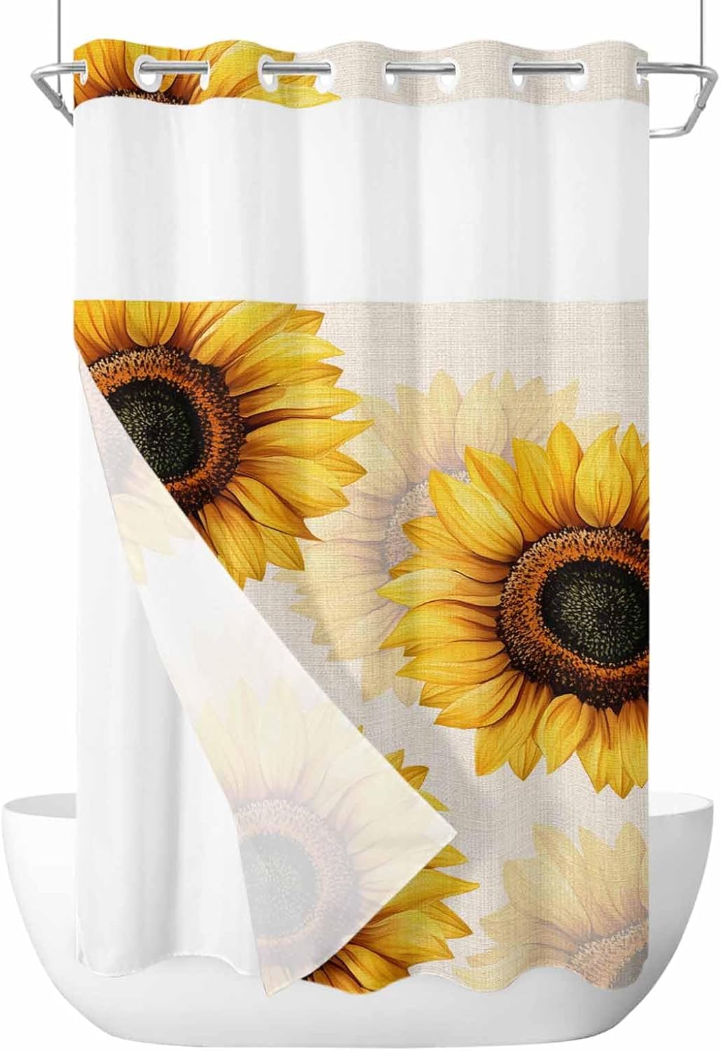 No Hook Shower Curtain with Snap in Liner Set,Retro Watercolor Sunflower on Linen Waterproof Fabric Shower Curtains Rustic Pastoral Summer Floral Double Layer Bath Curtain for Bathroom,36Wx72L